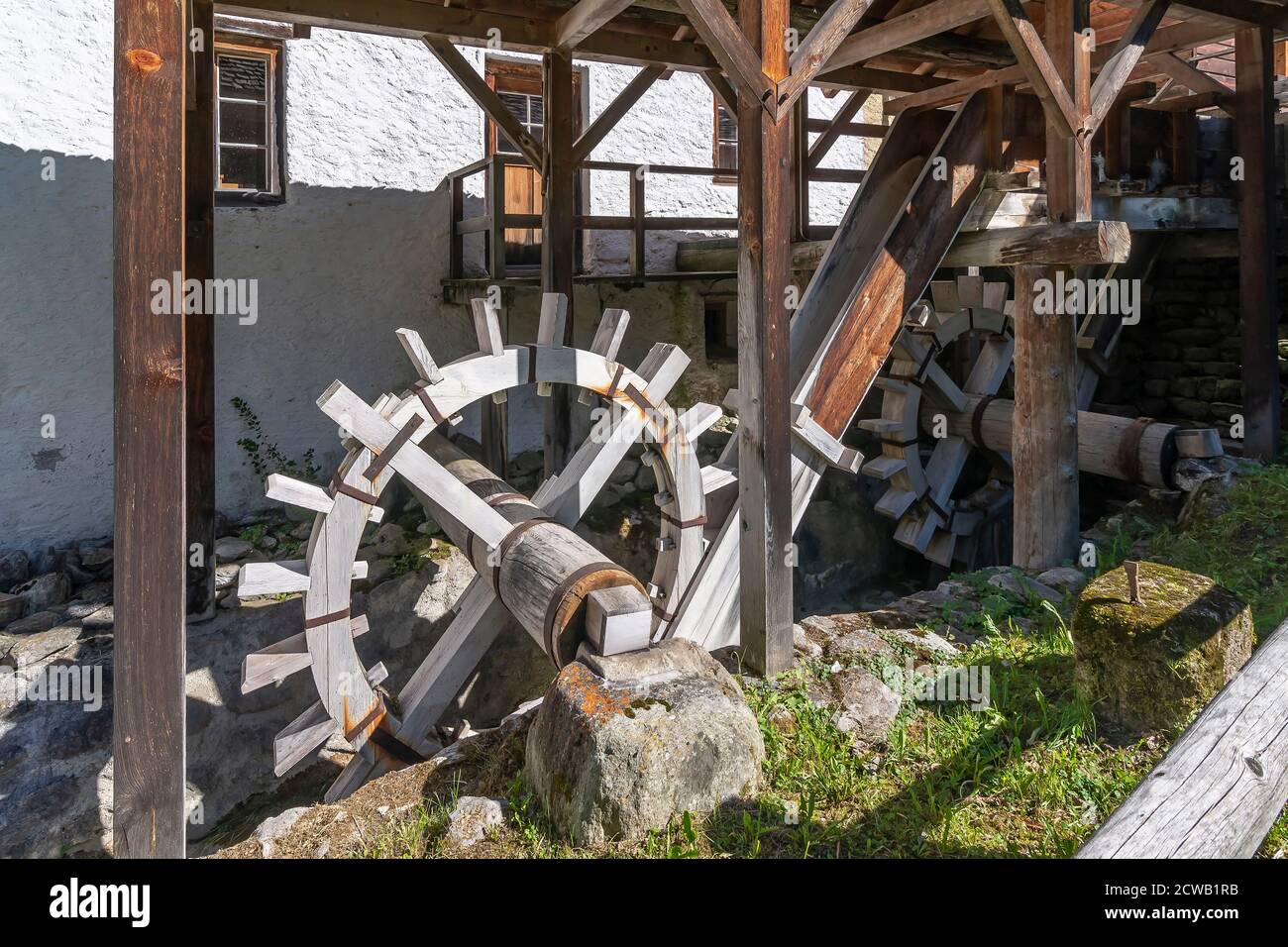 An old mill in Santa Maria Val Müstair, Canton of Grisons, Switzerland. Mulino Mall Museo Stock Photo