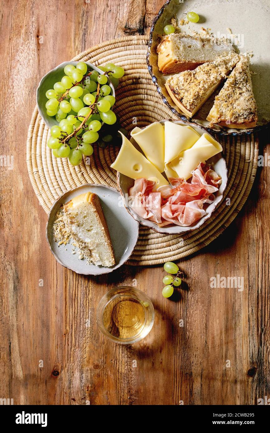 Appetizers antipasti with white sicilian focaccia. Traditional bread