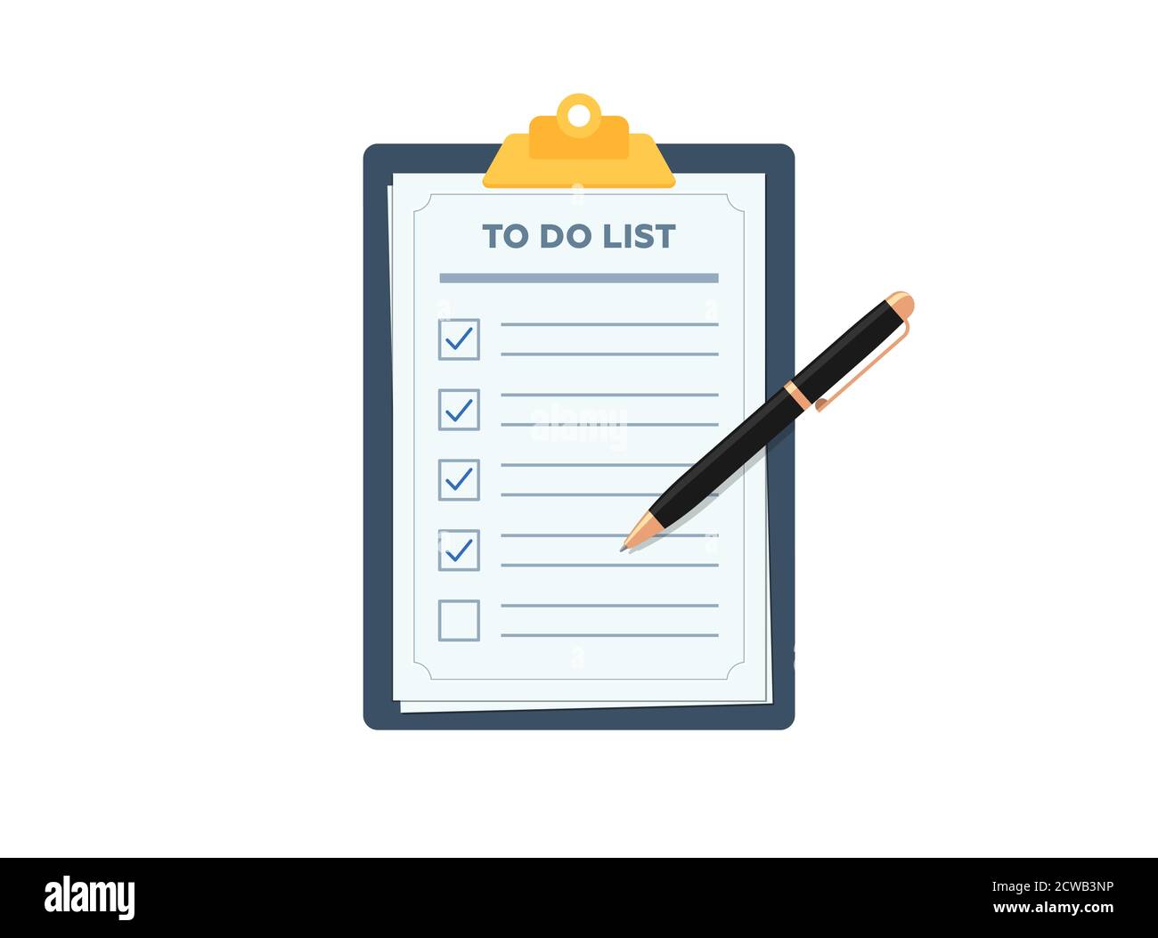 Clipboard with to do planning check list. Pen marked checklist on paper todo form flat eps vector illustration Stock Vector