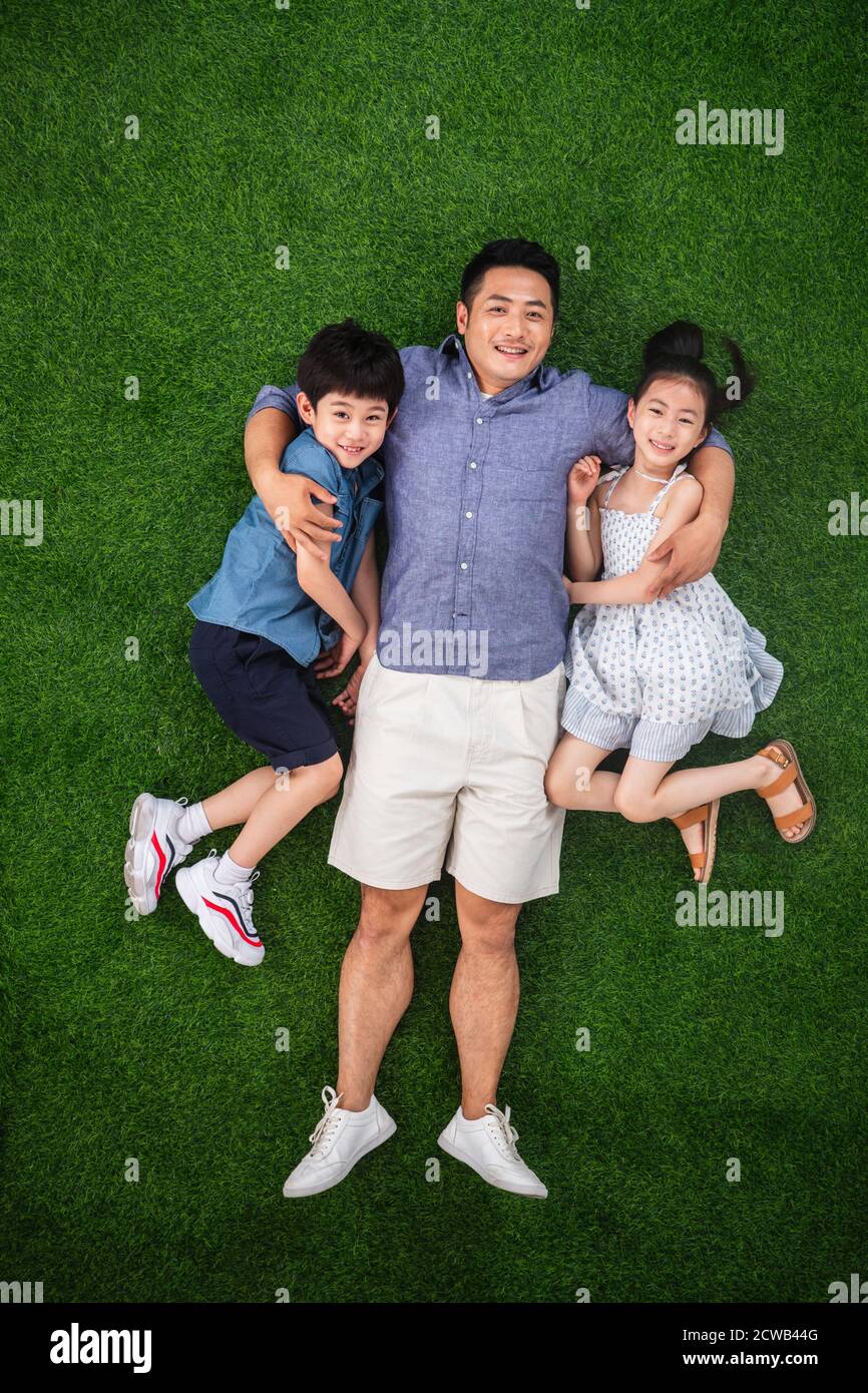 Father hugged his son and daughter lying on the grass Stock Photo - Alamy
