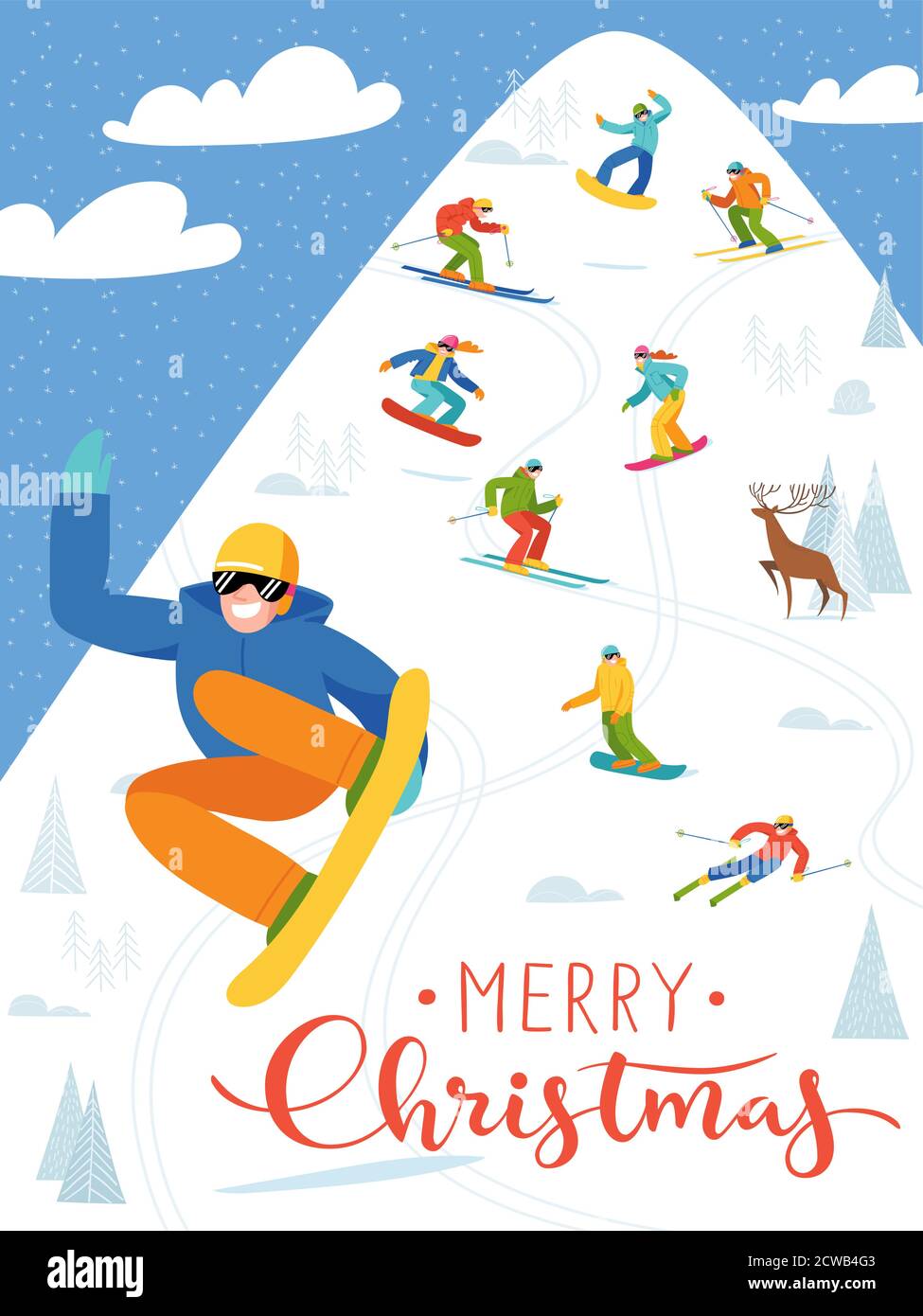 Ski resort poster with people doing winter sports. Stock Vector