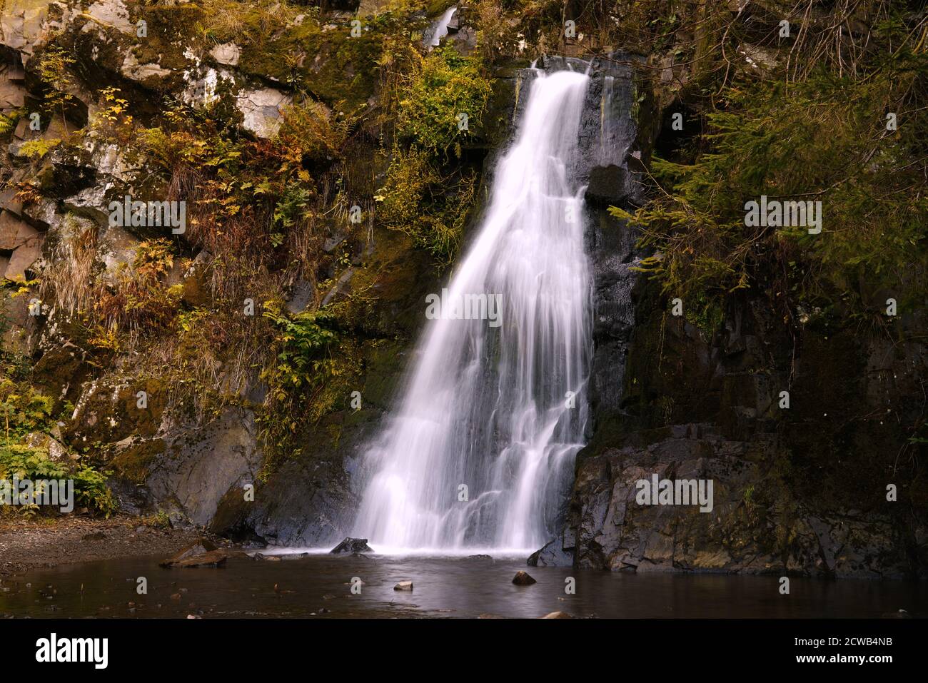 Romantic waterfall in the forest. Stock Photo