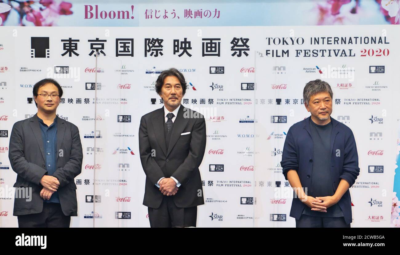 (L-R)Director Koji Fukada, actor Koji Yakusho and director Hirokazu Kore-eda attend the press conference for the Tokyo International Film Festival 2020 in Tokyo, Japan on Tuesday, September 29, 2020. This year's Tokyo festival is held on October 31st to November 9th collaborate with Tokyo Filmex. 25 films are world premieres, and the remaining seven films Asian premieres in this event.     Photo by Keizo Mori/UPI Stock Photo