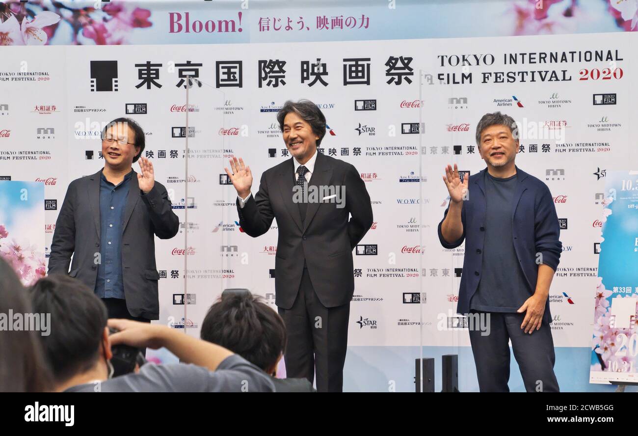 (L-R)Director Koji Fukada, actor Koji Yakusho and director Hirokazu Kore-eda attend the press conference for the Tokyo International Film Festival 2020 in Tokyo, Japan on Tuesday, September 29, 2020. This year's Tokyo festival is held on October 31st to November 9th collaborate with Tokyo Filmex. 25 films are world premieres, and the remaining seven films Asian premieres in this event.     Photo by Keizo Mori/UPI Stock Photo