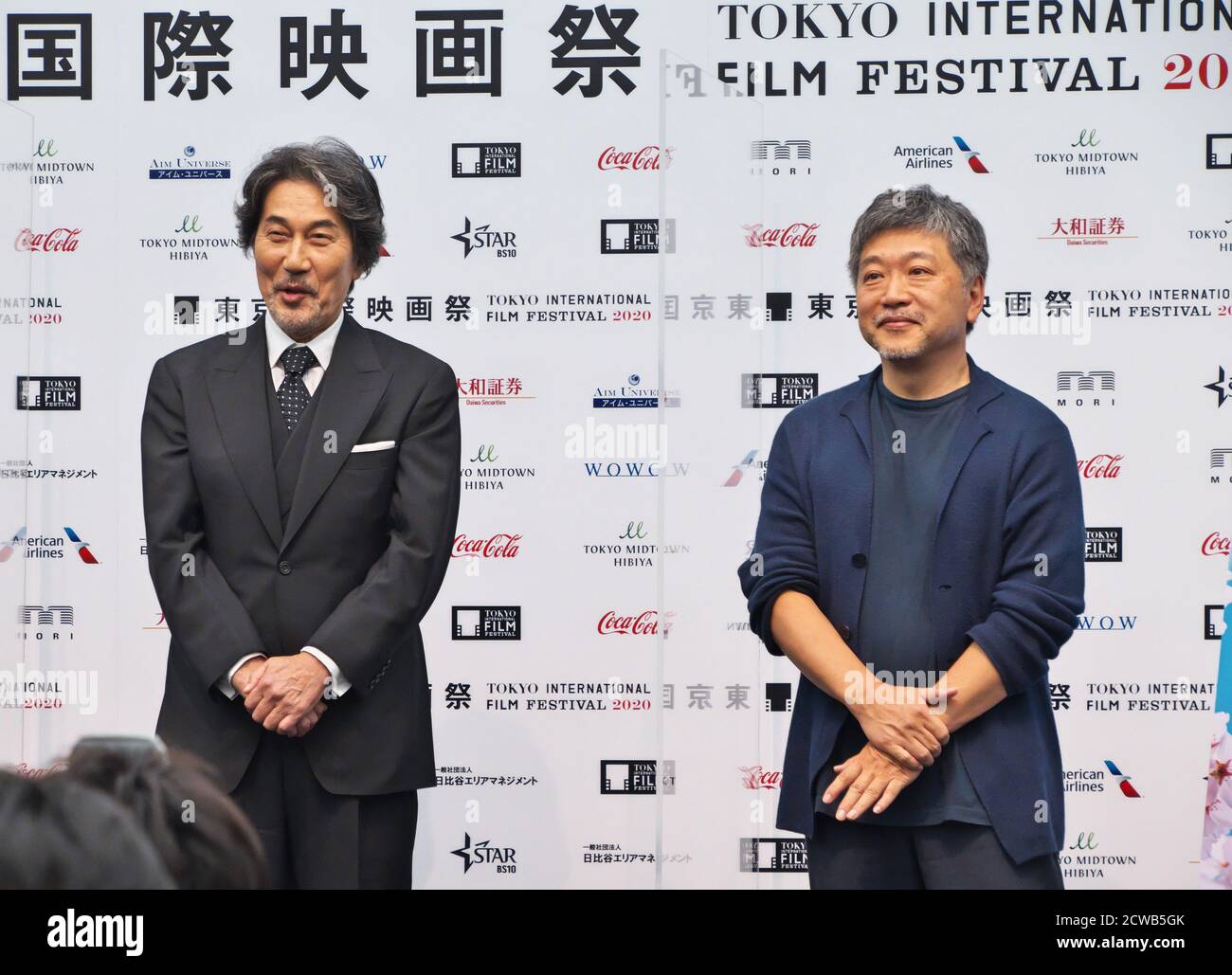 Actor Koji Yakusho(L) and director Hirokazu Kore-eda attend the press conference for the Tokyo International Film Festival 2020 in Tokyo, Japan on Tuesday, September 29, 2020. This year's Tokyo festival is held on October 31st to November 9th collaborate with Tokyo Filmex. 25 films are world premieres, and the remaining seven films Asian premieres in this event.     Photo by Keizo Mori/UPI Stock Photo