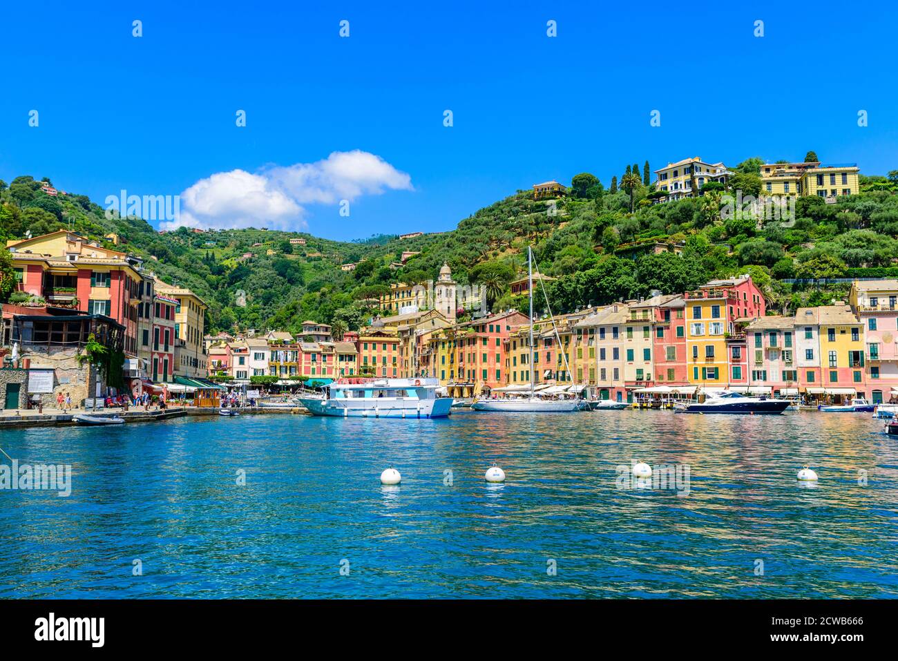 Portofino Italy Harbor Town With Colorful Houses And Yacht In Little 