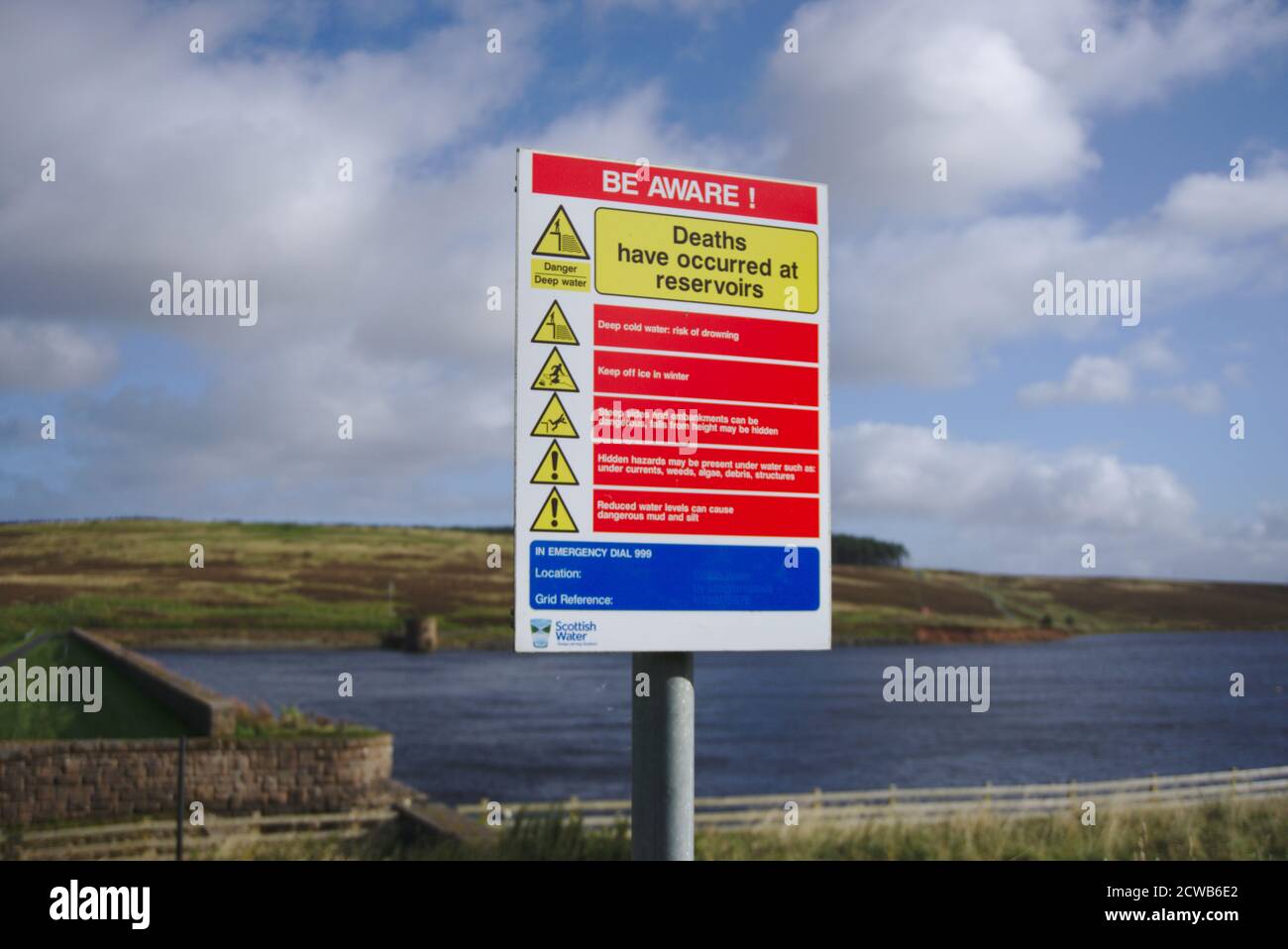 Warning notice beside Watch Water Reservoir near Longformacus, Berwickshire, Scottish Borders, UK. Stock Photo