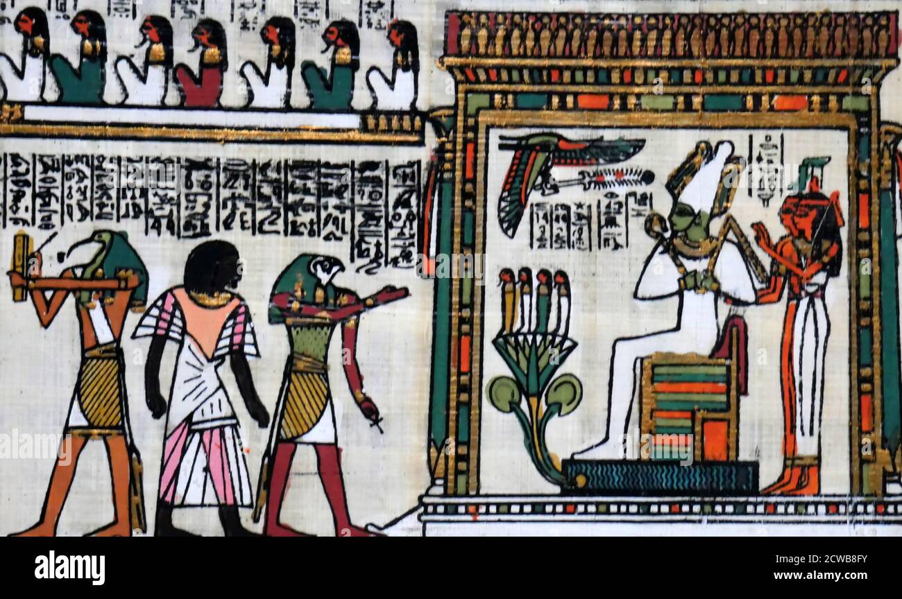 Contemporary papyrus depicting the ancient Egyptian god, Osiris. The god of fertility, alcohol, agriculture, the afterlife, the dead, resurrection, life, and vegetation in ancient Egyptian religion. Osiris was classically depicted as a green-skinned deity with a pharaoh's beard, partially mummy-wrapped at the legs, wearing a distinctive atef crown, and holding a symbolic crook and flail Stock Photo