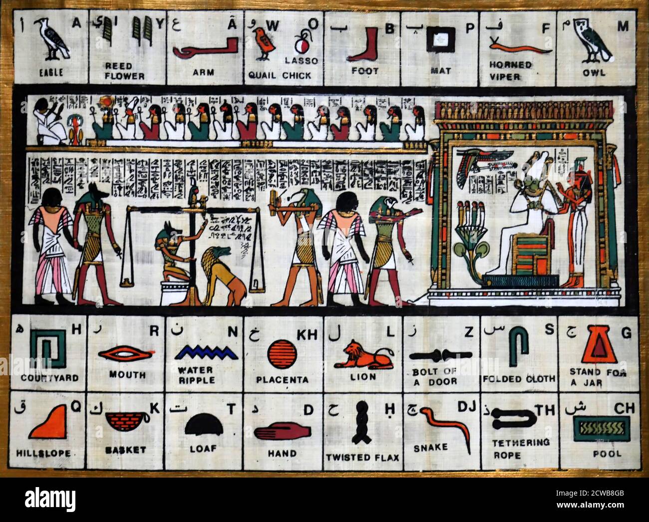 Contemporary papyrus depicting the ancient Egyptian god, Osiris and the weighing of the heart for a deceased pharaoh. The god of fertility, alcohol, agriculture, the afterlife, the dead, resurrection, life, and vegetation in ancient Egyptian religion. Osiris was classically depicted as a green-skinned deity with a pharaoh's beard, partially mummy-wrapped at the legs, wearing a distinctive atef crown, and holding a symbolic crook and flail Stock Photo