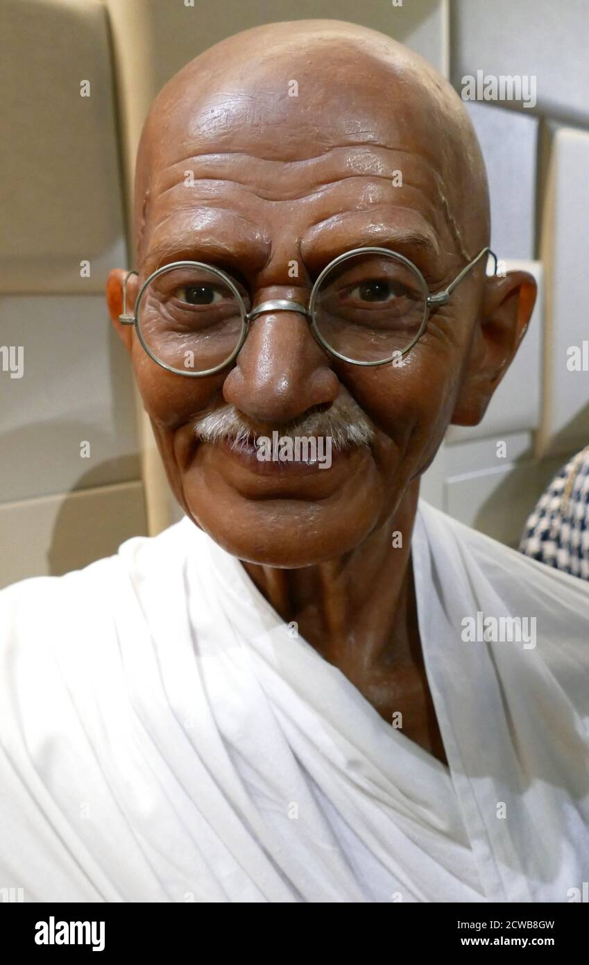 Waxwork depicting Gandhi. Mohandas Karamchand Gandhi (1869-1948) an Indian lawyer, anti-colonial nationalist, and political ethicist. Stock Photo