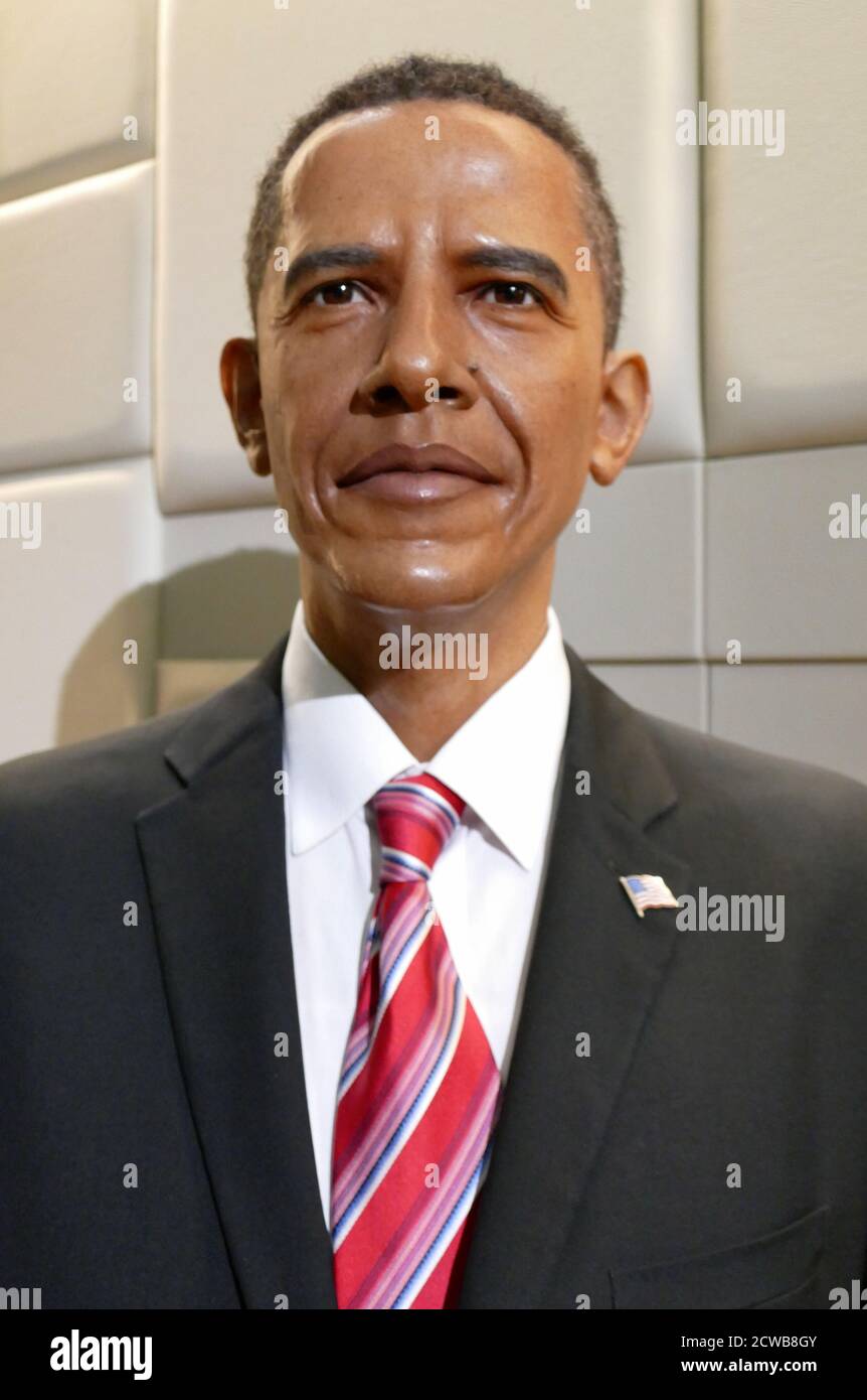 Waxwork depicting Barack Obama. Barack Hussein Obama II (1961-) an American attorney and politician who served as the 44th president of the United States. Stock Photo