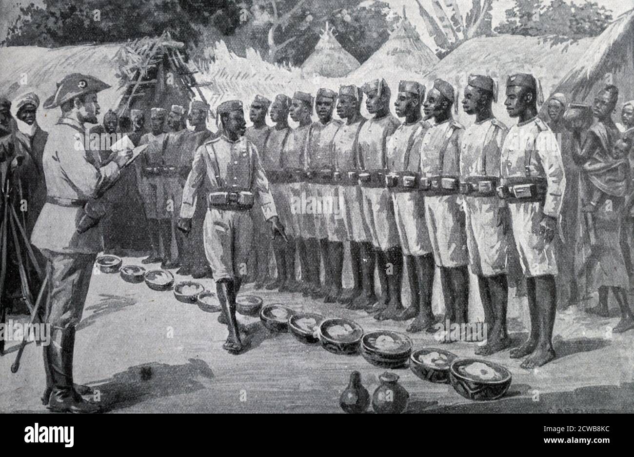 German Cameroon colony; native African recruits addressed by a German officer Stock Photo