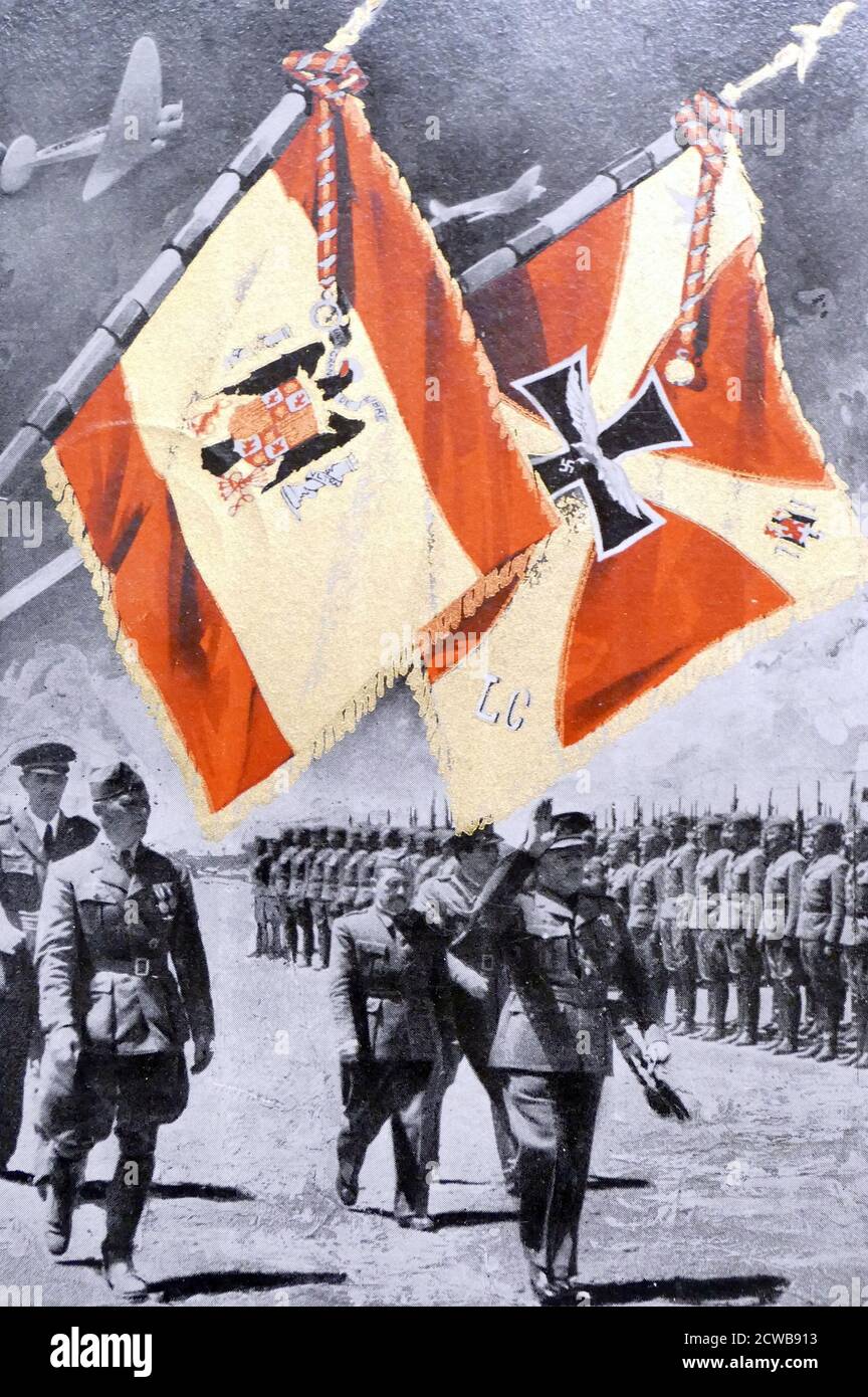 Poster with the standards of the Condor Legion, a unit of volunteers from the German Air Force (Luftwaffe). This group served during the Spanish Civil War of July 1936 to March 1939. Hugo Sperrle commanded the aircraft units of the Condor Legion Stock Photo