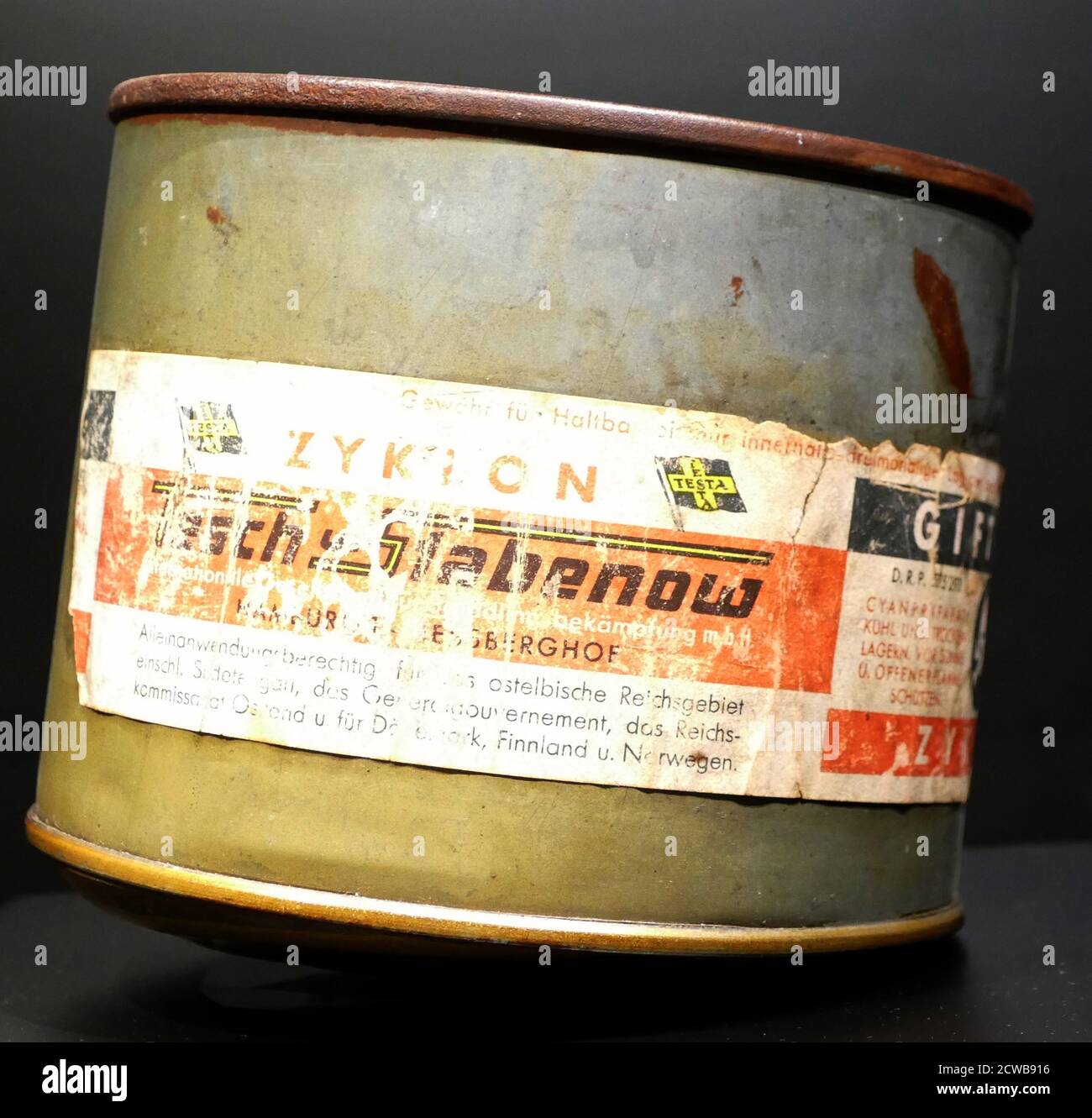 Can of Zyklon B, a pesticide invented in Germany and used in Nazi Germany in gas chambers to kill Jews as part of the Holocaust, such as at Auschwitz and other extermination camps Stock Photo