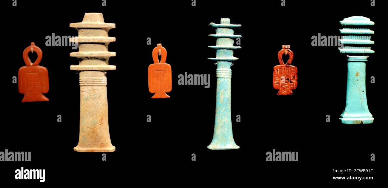 Egyptian Faience Djed pillar, amulets from an 18th Dynasty Tomb, circa 1400 BC Stock Photo