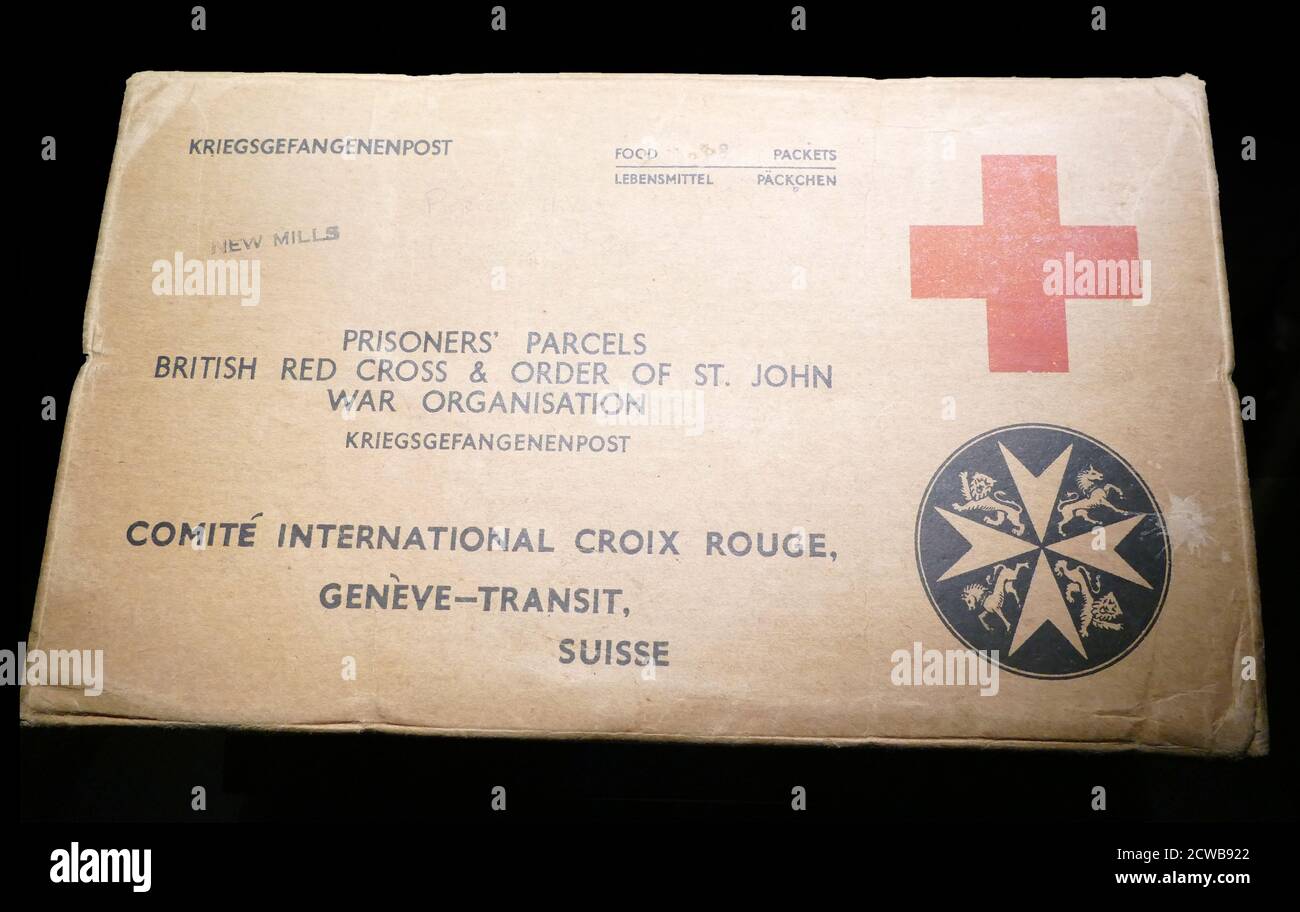 Red Cross food parcel sent to a British prisoner of War in Germany. Circa 1941 Stock Photo