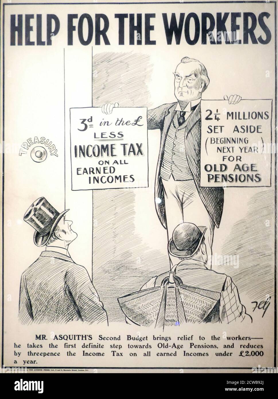 Cartoon showing Herbert Asquith presenting the 1909 'People's Budget'. Herbert Henry Asquith, (1852 - 1928), British Liberal politician and Prime Minister of the United Kingdom from 1908 to 1916. In a major speech in December 1908, Asquith announced that the upcoming budget would reflect the Liberals' policy agenda, and the People's Budget that was submitted to Parliament by Lloyd George the following year greatly expanded social welfare programmes. Stock Photo