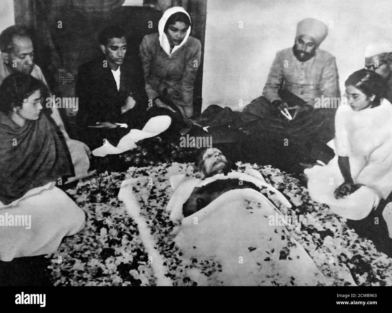 Photograph of Mahatma Gandhi's corpse. Mohandas Karamchand Gandhi (1869-1948) an Indian lawyer, anti-colonial nationalist, and political ethicist. Stock Photo