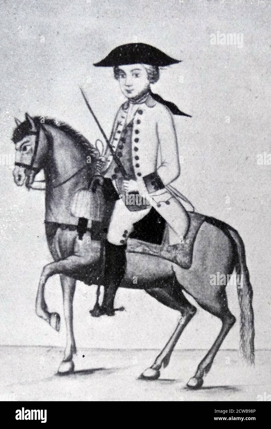 A colonial noble on horseback; Peru. Illustration from an 18th century book by Martinez ??mpano? Stock Photo