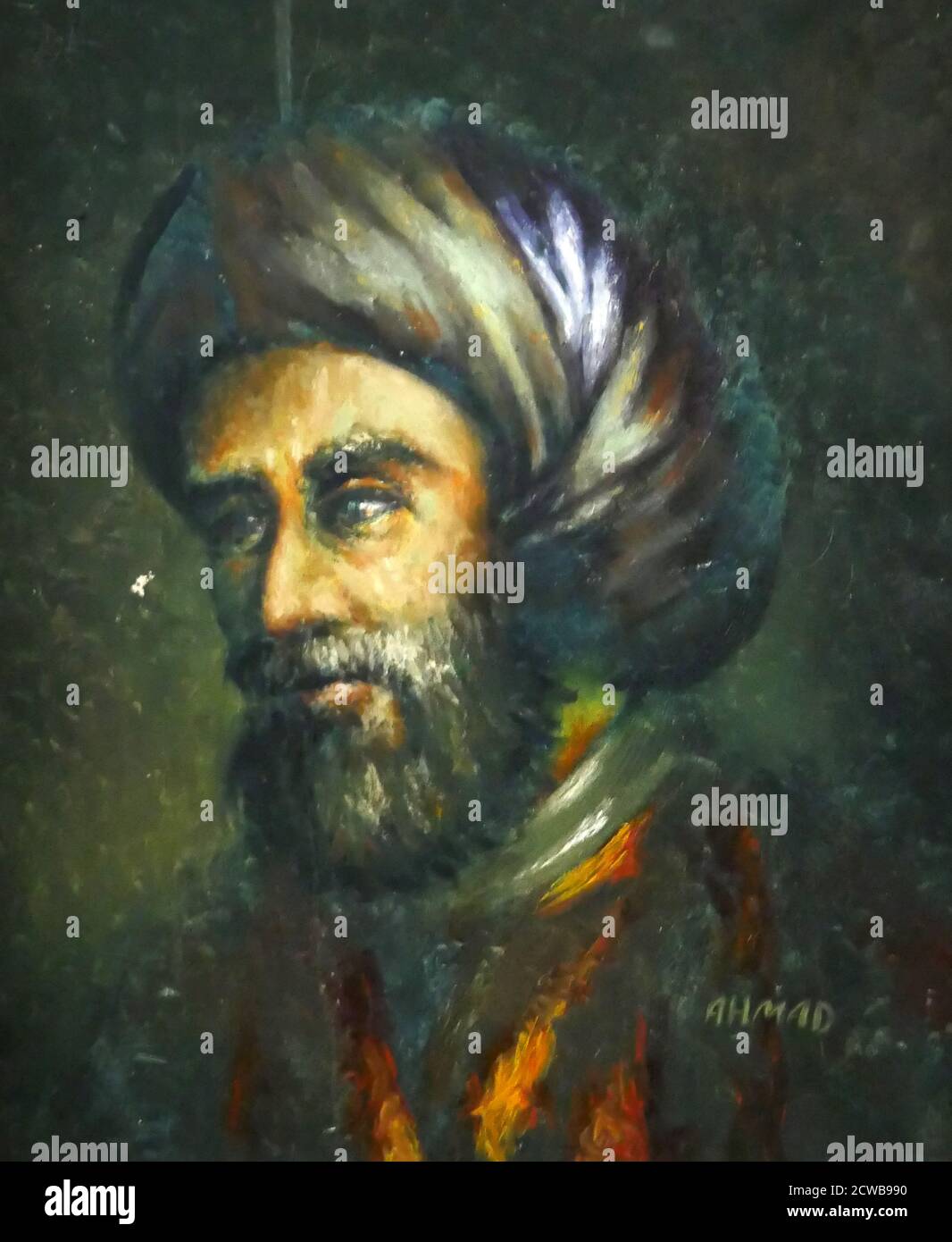 Portrait of Muhammad ibn Musa al-Khwarizmi ( Latinized as Algorithmi) a Persian scholar who produced works in mathematics, astronomy, and geography Stock Photo