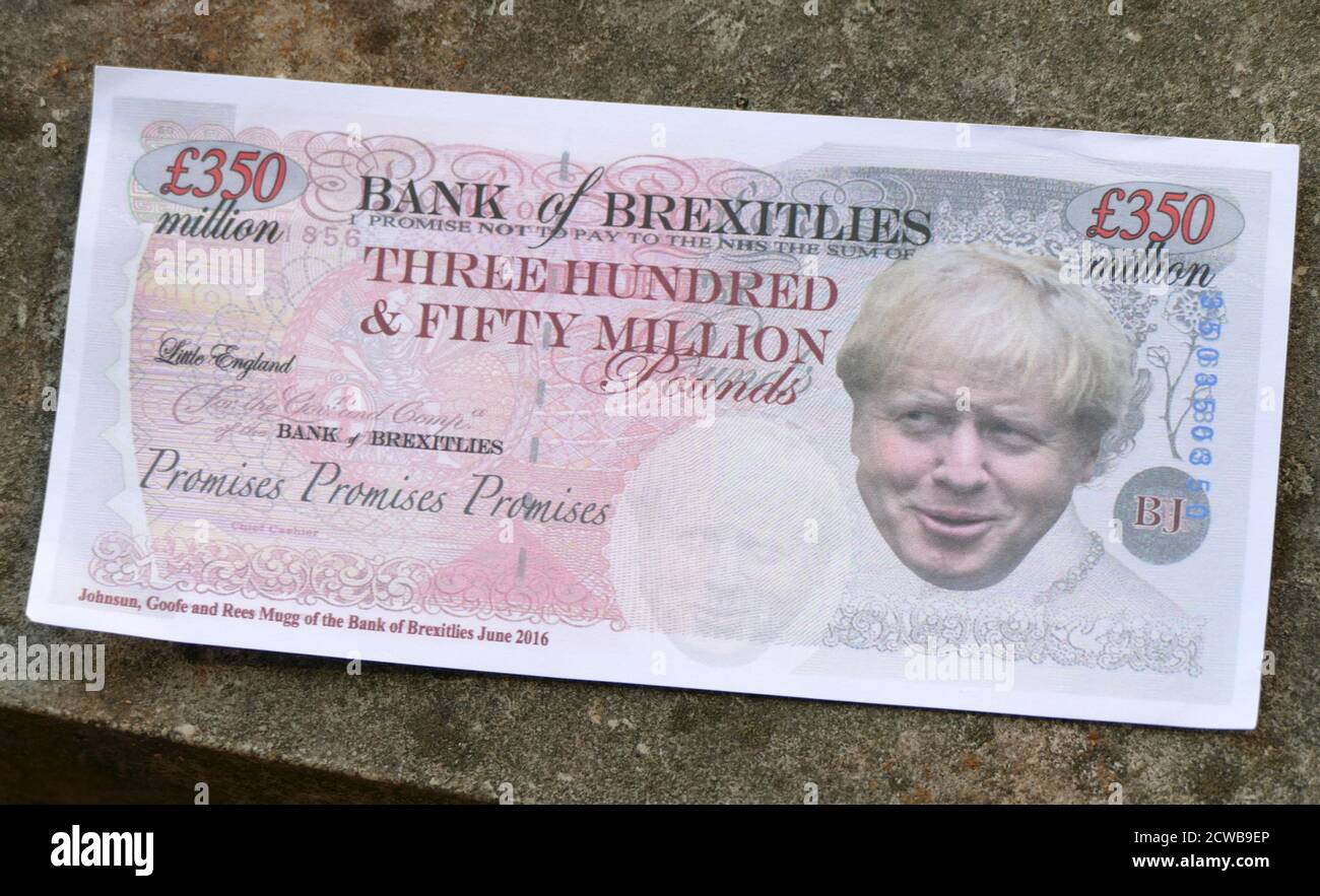 £350 million pound note bearing face of Boris Johnson. A protest leaflet found outside the Supreme Court in London during the hearing to challenge the Prorogation of Parliament. 17th Sept 2019.the prorogation of the Parliament, was ordered by Queen Elizabeth II upon the advice of the Conservative Prime Minister, Boris Johnson, on 28 August 2019. opposition politicians saw this as an unconstitutional attempt to reduce parliamentary scrutiny of the Government's Brexit plan. Stock Photo
