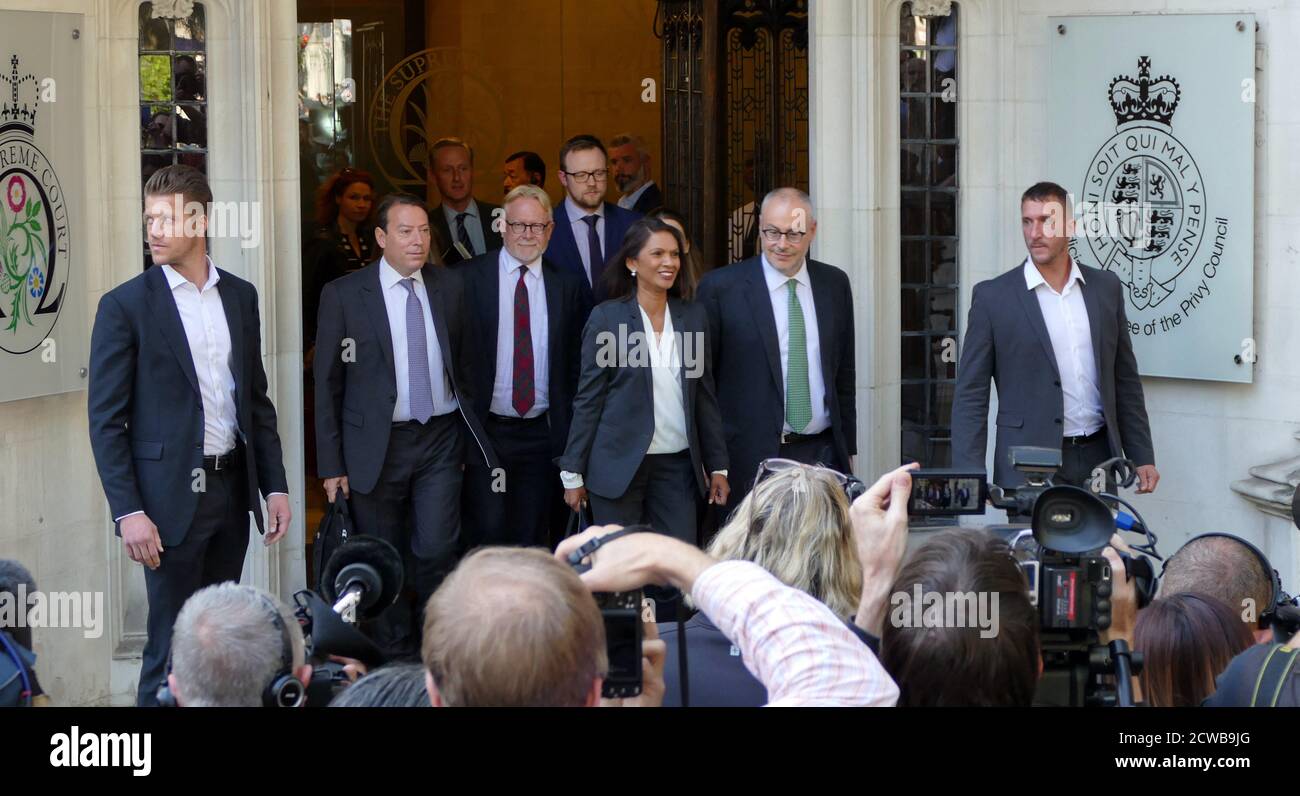 Gina Miller, (centre) and her lawyers (Lord Pannick, to her right), leave the Supreme Court in London after day three of her challenge to the Prorogation of Parliament. 19th Sept 2019.the prorogation of the Parliament, was ordered by Queen Elizabeth II upon the advice of the Conservative Prime Minister, Boris Johnson, on 28 August 2019. opposition politicians saw this as an unconstitutional attempt to reduce parliamentary scrutiny of the Government's Brexit plan. Gina Nadira Miller is a Guyanese-British business owner and activist who initiated the 2016 R v Secretary of State for Exiting the E Stock Photo