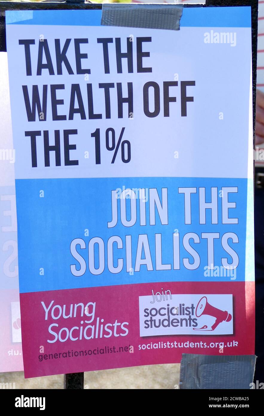 Socialist Workers Party literature, London, during the 20th September 2019 climate strike. Also known as the Global Week for Future, a series of international strikes and protests to demand action be taken to address climate change. The 20 September protests were likely the largest climate strikes in world history. Organisers reported that over 4 million people participated in strikes worldwide, including 300000 people joined UK protests Stock Photo