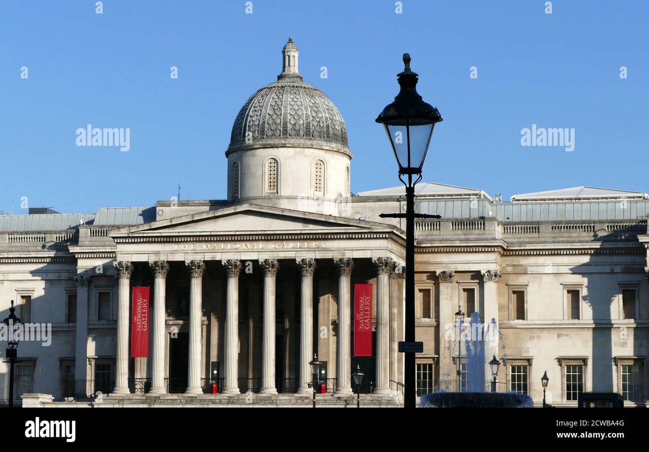The National Gallery is an art museum in Trafalgar Square in the City of Westminster, in Central London. Founded in 1824, it houses a collection of over 2,300 paintings dating from the mid-13th century to 1900 Stock Photo