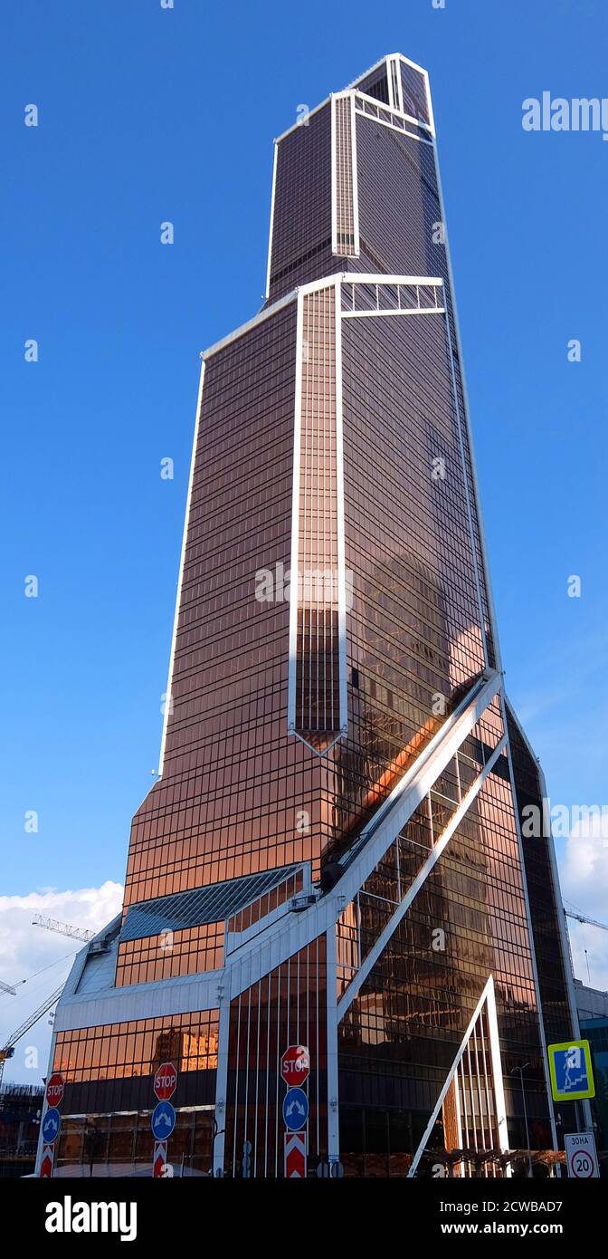 Mercury City Tower skyscraper located in the Moscow International Business Center (MIBC) in Moscow, Russia. Occupying a total area of 173,960 square metres (1,872,500 sq ft), the mixed-use building houses offices, apartments, a fitness center, and retail stores. Rising 338.8 m (1,112 ft) tall, the Mercury City Tower was formerly the tallest building of Russia and Europe Stock Photo