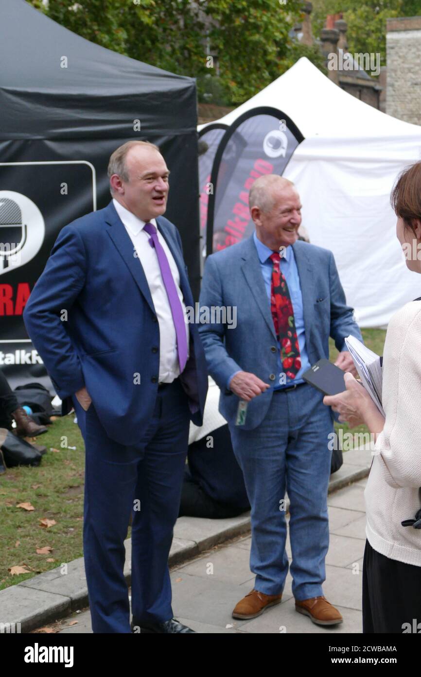 Labour MP Barry Sheerman with Liberal Deputy Leader, Ed Davey, arriving for a media interview after returning to parliament after the prorogation was annulled by the Supreme Court. 25th September 2019. Barry Sheerman (born 1940); British Labour Co-operative politician who has been the Member of Parliament (MP) for Huddersfield since the 1979 general election. Stock Photo