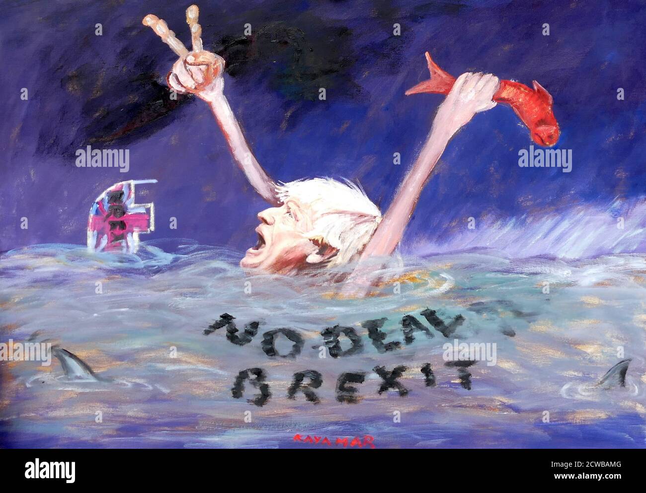 Satirical painting of Boris Johnson drowning in the 'No Deal Brexit' sea. painted by Kaya Mar, September 2019 Stock Photo