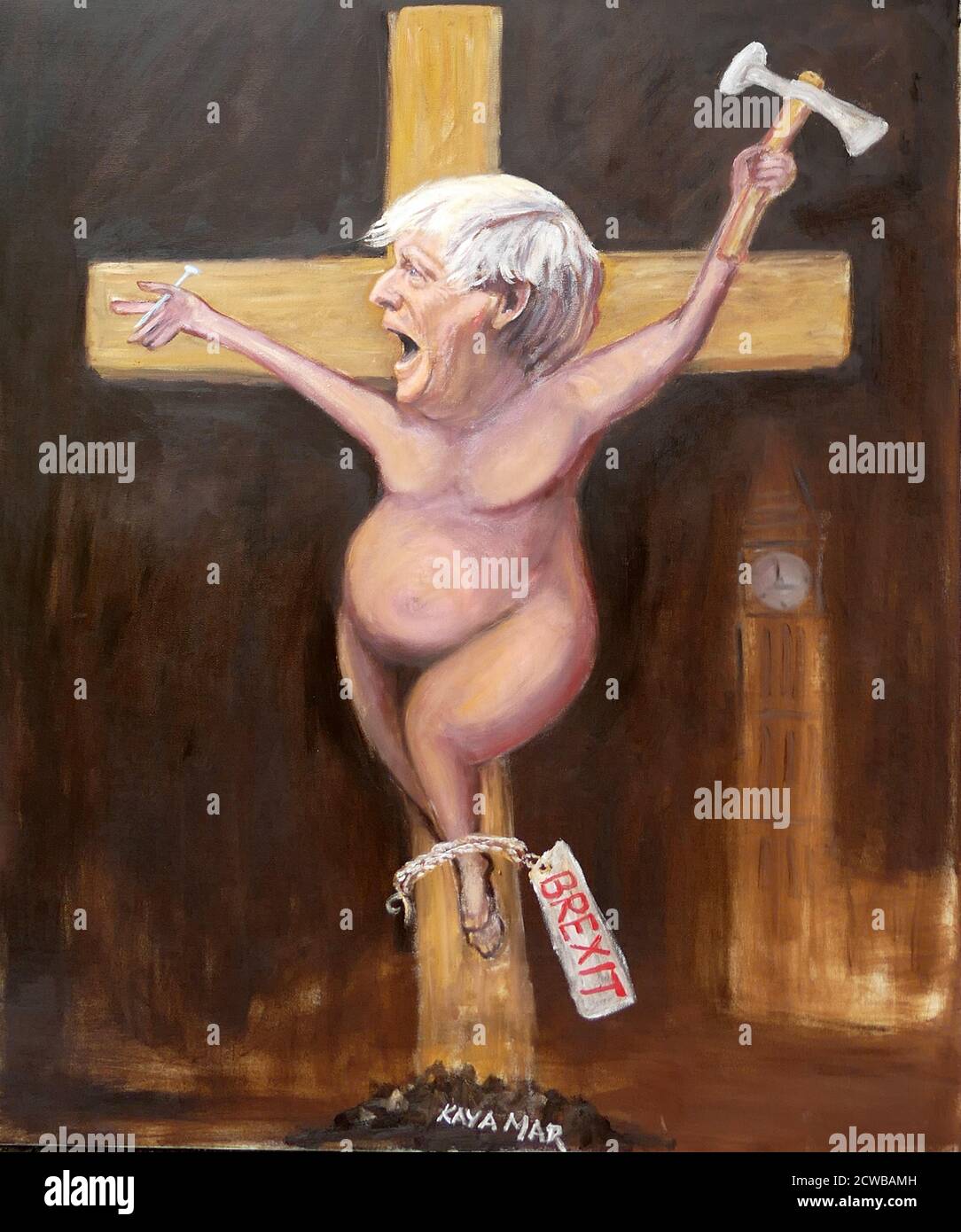 Satirical painting of Boris Johnson as a crucified victim of Brexit, painted by Kaya Mar, September 2019 Stock Photo