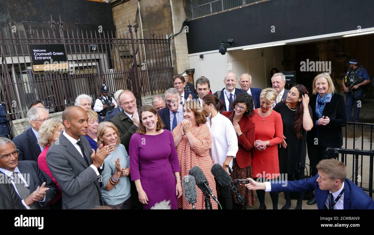 Chuka Umunna with Liberal Democrat leader, Jo Swinson, at a press conference, after returning to parliament after the prorogation was annulled by the Supreme Court. 25th September 2019. Chuka Umunna (born 1978), British Liberal Democrat politician serving as Member of Parliament (MP) for Streatham since 2010, elected as the Labour Party candidate. As a former member of the Opposition Shadow Cabinet, he was Shadow Business Secretary from 2011 to 2015. He was a member of the Labour Party until February 2019, when he resigned to form The Independent Group (later renamed Change UK) along with six Stock Photo