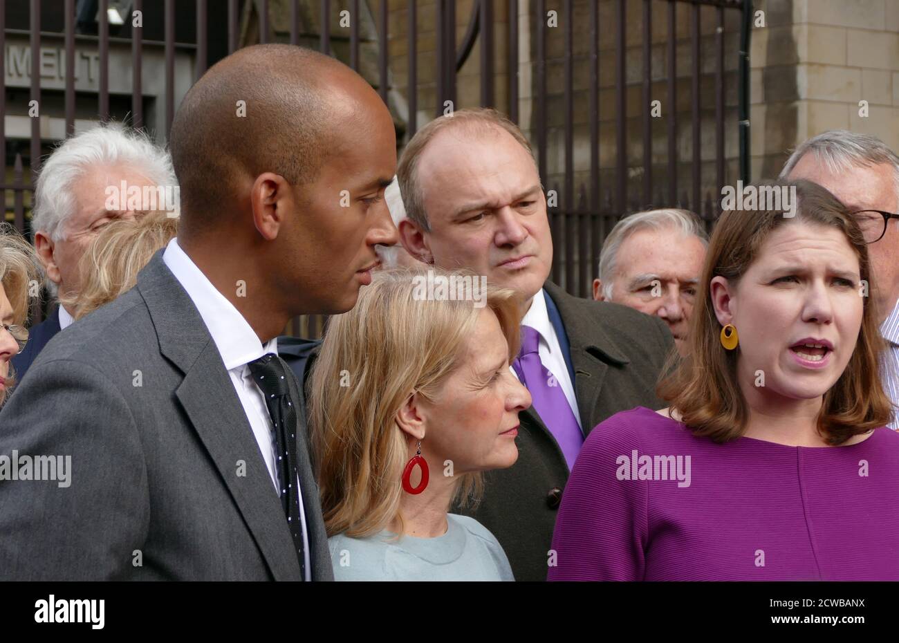Chuka Umunna with Liberal Democrat leader, Jo Swinson, at a press conference, after returning to parliament after the prorogation was annulled by the Supreme Court. 25th September 2019. Chuka Umunna (born 1978), British Liberal Democrat politician serving as Member of Parliament (MP) for Streatham since 2010, elected as the Labour Party candidate. As a former member of the Opposition Shadow Cabinet, he was Shadow Business Secretary from 2011 to 2015. He was a member of the Labour Party until February 2019, when he resigned to form The Independent Group (later renamed Change UK) along with six Stock Photo