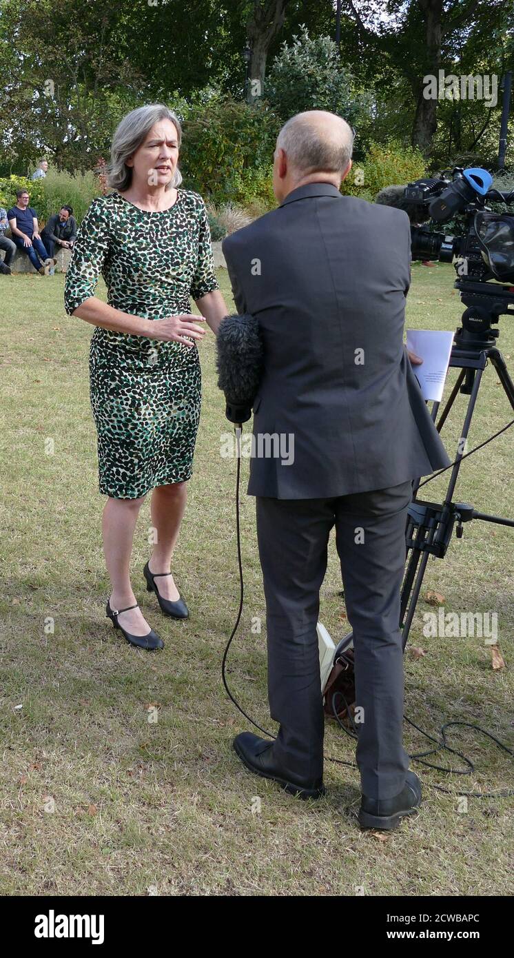 Elizabeth Saville Roberts giving a media interview, after parliament returned to sit, after the prorogation was annulled by the Supreme Court. 25th September 2019. Elizabeth Saville Roberts, is a senior a Plaid Cymru politician. She was first elected as the Member of Parliament (MP) for Dwyfor Meirionnydd in May 2015 Stock Photo