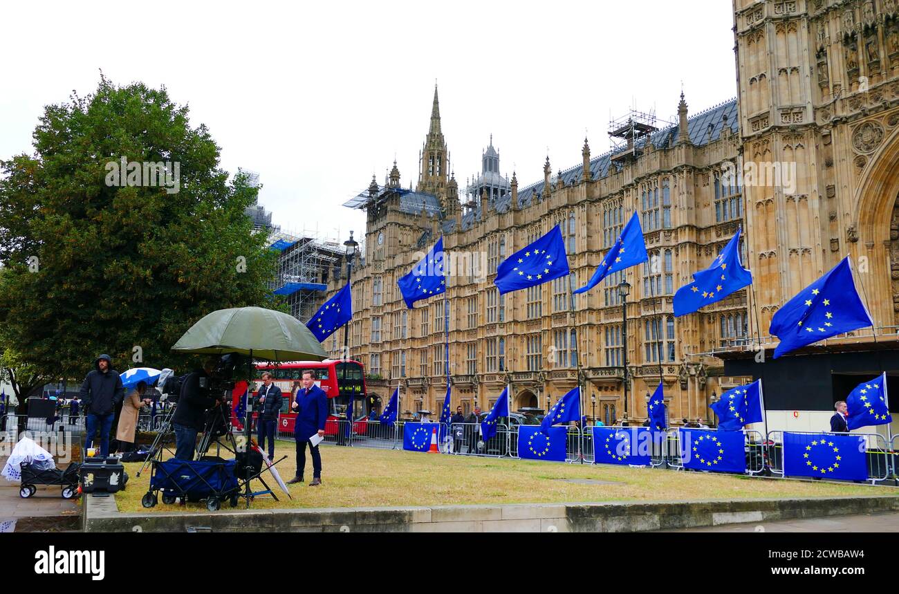 Pro-Remain EU flags on College Green opposite the British Parliament, during the final month before Britain was due to exit the European Union. October 2019 Stock Photo