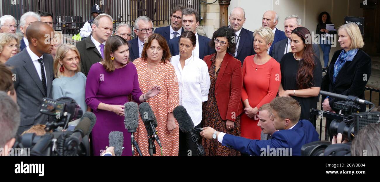 Jo Swinson the British Liberal Democrat leader addresses the press after returning to Parliament, after the Supreme Court annulled the prorogation of Parliament. 25th September 2019. Most of the Liberal Democrat MP's are present in including: Chuka Umunna, Wera Hobhouse, Ed Davey, Christine Jardine, Jane Dodds, Layla Moran, Angela Smith, Lucian Berger, Sarah Wolaston, Jamie Stone, Vince Cable and Tom Brakes were present. Stock Photo