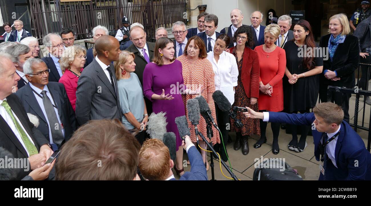 Jo Swinson the British Liberal Democrat leader addresses the press after returning to Parliament, after the Supreme Court annulled the prorogation of Parliament. 25th September 2019. Most of the Liberal Democrat MP's are present in including: Dr Phillip Lee, Chuka Umunna, Wera Hobhouse, Ed Davey, Christine Jardine, Jane Dodds, Layla Moran, Angela Smith, Lucian Berger, Sarah Wolaston, Jamie Stone, Vince Cable and Tom Brakes were present. Stock Photo