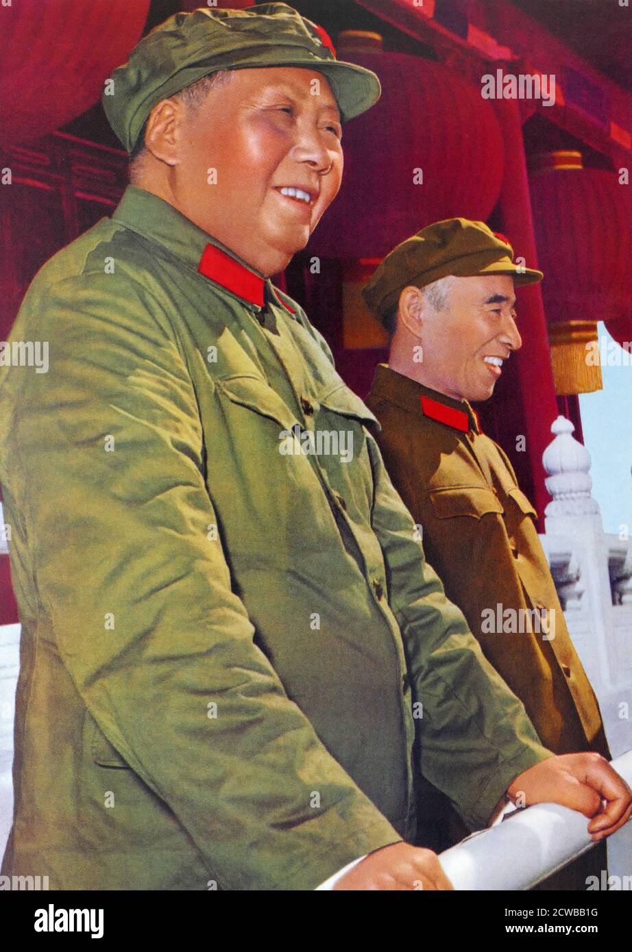 A propaganda image of Mao Zedong with Lin Biao, celebrating the anniversary of the People's Republic of China in 1966. Lin Biao (1907 - 1971). Lin became instrumental in creating the foundations for Mao Zedong's cult of personality, and was rewarded in the Cultural Revolution by being named Mao's designated successor. Lin died on September 13, 1971. The exact events of this 'Lin Biao incident' have been a source of speculation ever since. The Chinese government's official explanation is that Lin and his family attempted to flee following a botched coup against Mao. Stock Photo