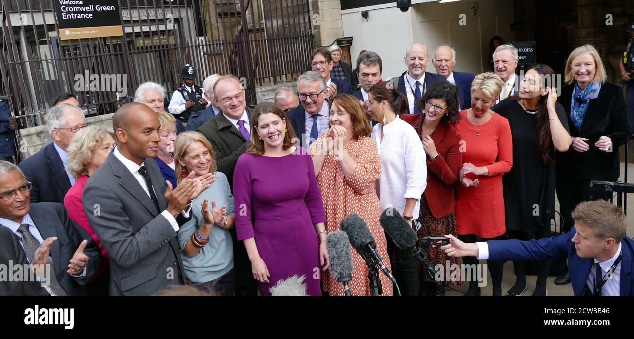 Jo Swinson the British Liberal Democrat leader addresses the press after returning to Parliament, after the Supreme Court annulled the prorogation of Parliament. 25th September 2019. Most of the Liberal Democrat MP's are present in including: Chuka Umunna, Wera Hobhouse, Ed Davey, Christine Jardine, Jane Dodds, Layla Moran, Angela Smith, Lucian Berger, Sarah Wolaston, Jamie Stone, Vince Cable and Tom Brakes were present. Stock Photo