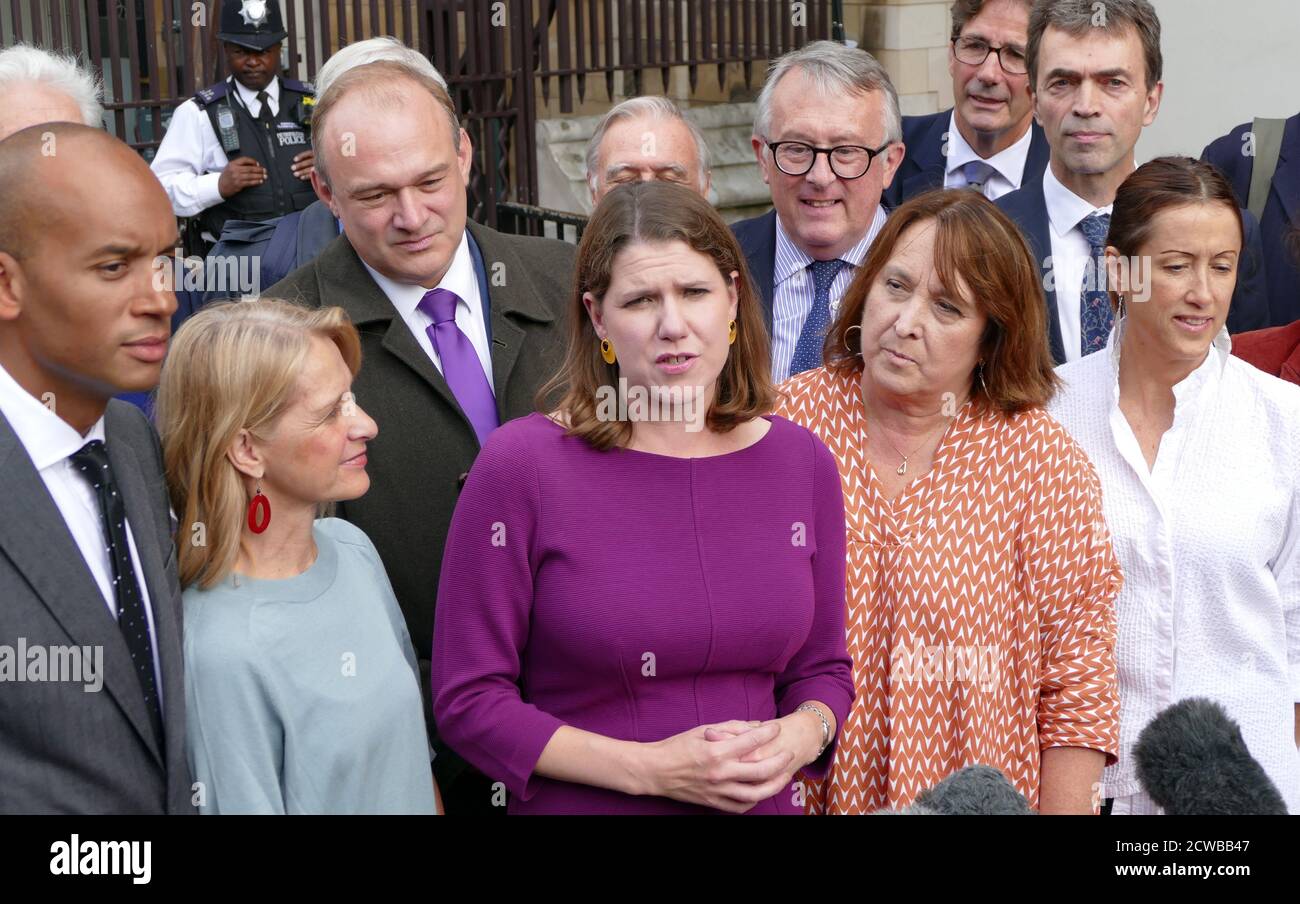 Jo Swinson the British Liberal Democrat leader addresses the press after returning to Parliament, after the Supreme Court annulled the prorogation of Parliament. 25th September 2019. Most of the Liberal Democrat MP's are present in including: Wera Hobhouse, Ed Davey, Christine Jardine, Jane Dodds, Jamie Stone and Tom Brakes were present. Stock Photo