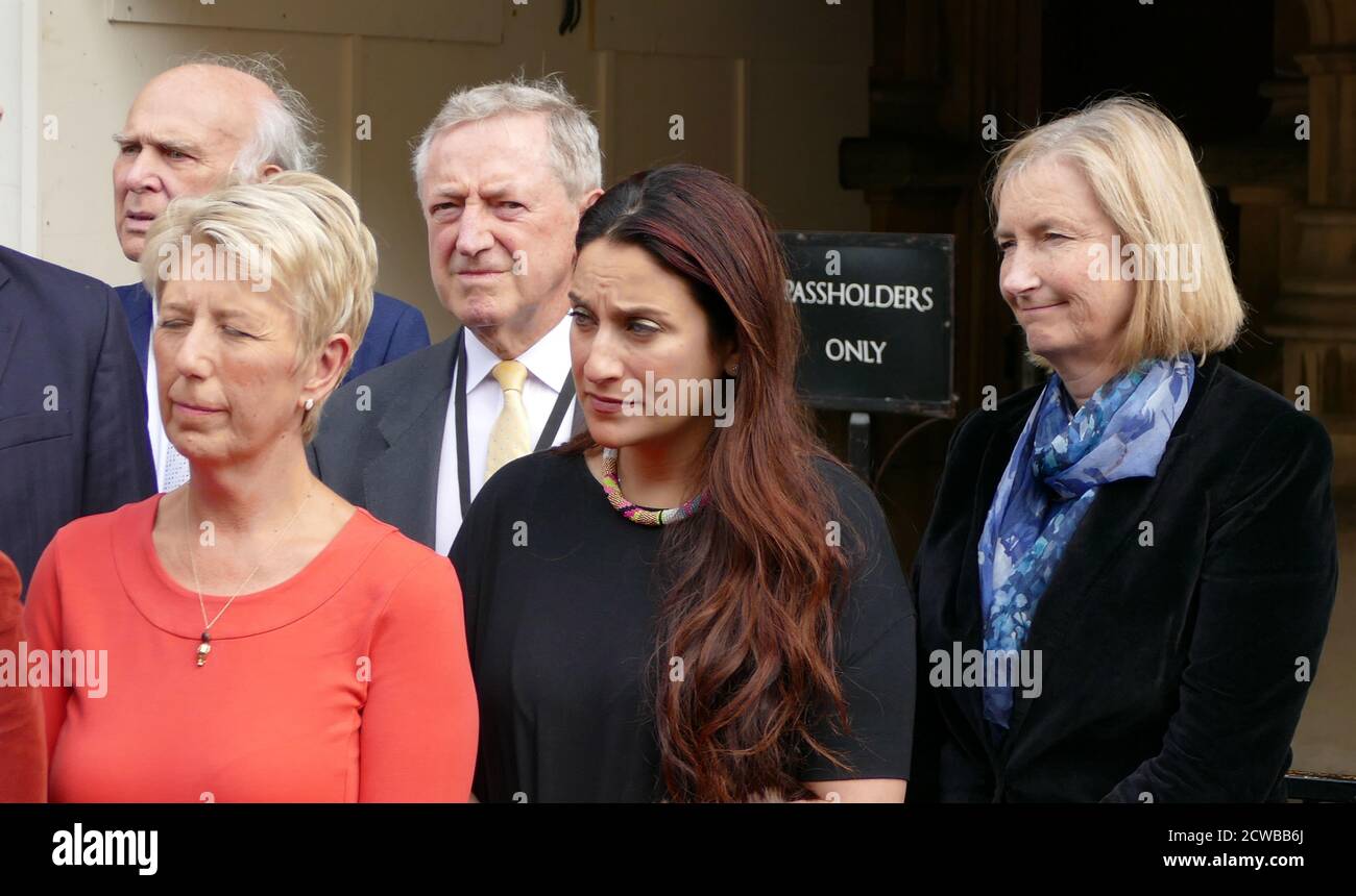 Sarah Wollaston (right) with fellow Members of Parliament, September 2019. British Liberal Democrat politician. She is the Member of Parliament for the constituency of Totnes, having been first elected in 2010 for the Conservatives, and Chair of the Liaison Committee and the Health Select Committee in the House of Commons. In February 2019, she resigned from the Conservative Party, along with two of her peers, and joined The Independent Group, later styled Change UK. Four months later, she quit the party to sit as an independent MP. On 14 August 2019, she joined the Liberal Democrats. Stock Photo