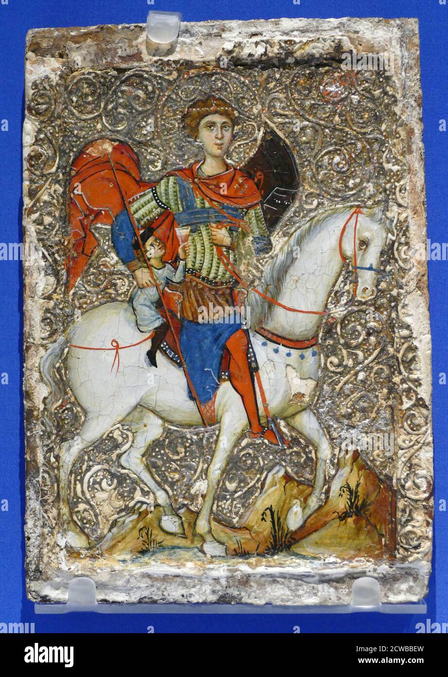Byzantine icon depicting St George an the youth of Mytilene rescued from slavery by st George. Egg tempura, pine and gesso. 1250 AD Stock Photo
