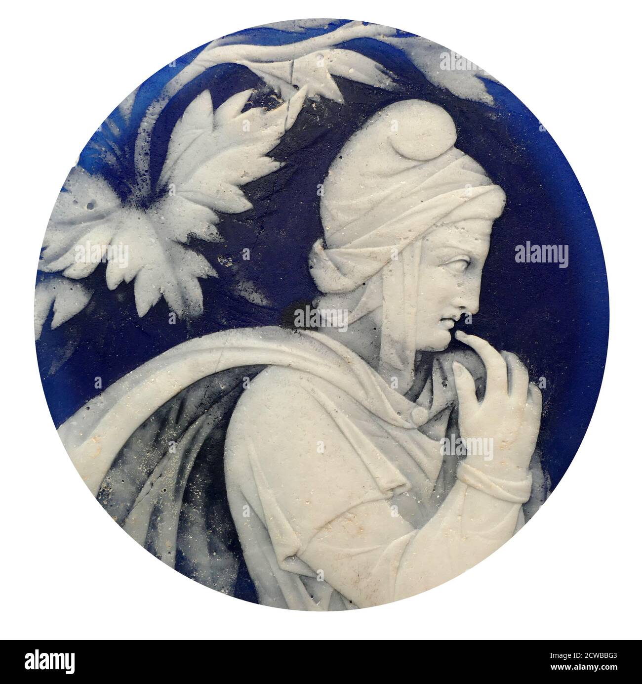 Roman blue and white cameo glass dish showing the head of a man circa 1st Century AD Stock Photo