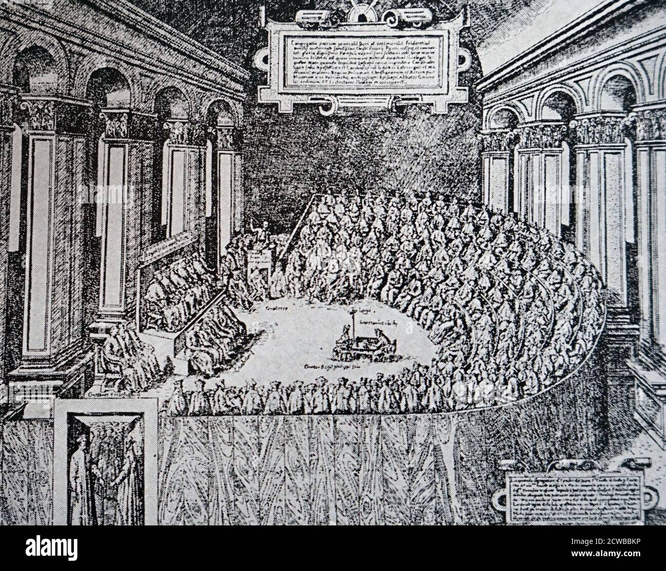 The Council of Trent (Concilium Tridentinum), held between 1545 and 1563 in Trent in northern Italy), was the 19th ecumenical council of the Catholic Church. Prompted by the Protestant Reformation, it has been described as the embodiment of the Counter-Reformation. Stock Photo