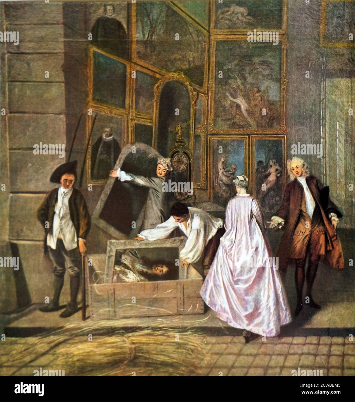 L'Enseigne de Gersaint (The Shop Sign of Gersaint); oil on canvas painting in the Charlottenburg Palace in Berlin, by French painter Jean-Antoine Watteau. Completed during 1720-21. it is considered to be the last prominent work of Watteau, who died some time after. It was painted as a shop sign for the marchand-mercier, or art dealer, Edme Francois Gersaint Stock Photo