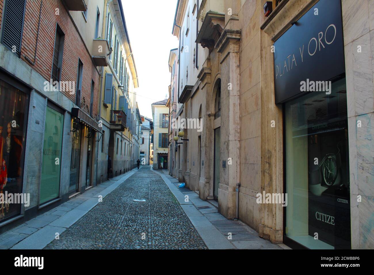 closed shops, cafe and restaurants in the deserted streets in the quarantined town of Pavia, Lombardy, Italy during the Corona (COVID-19 ) Virus pandemic March 2020. Pavia has a population of around 73,000 people and was put in Lockdown from February onwards. Stock Photo