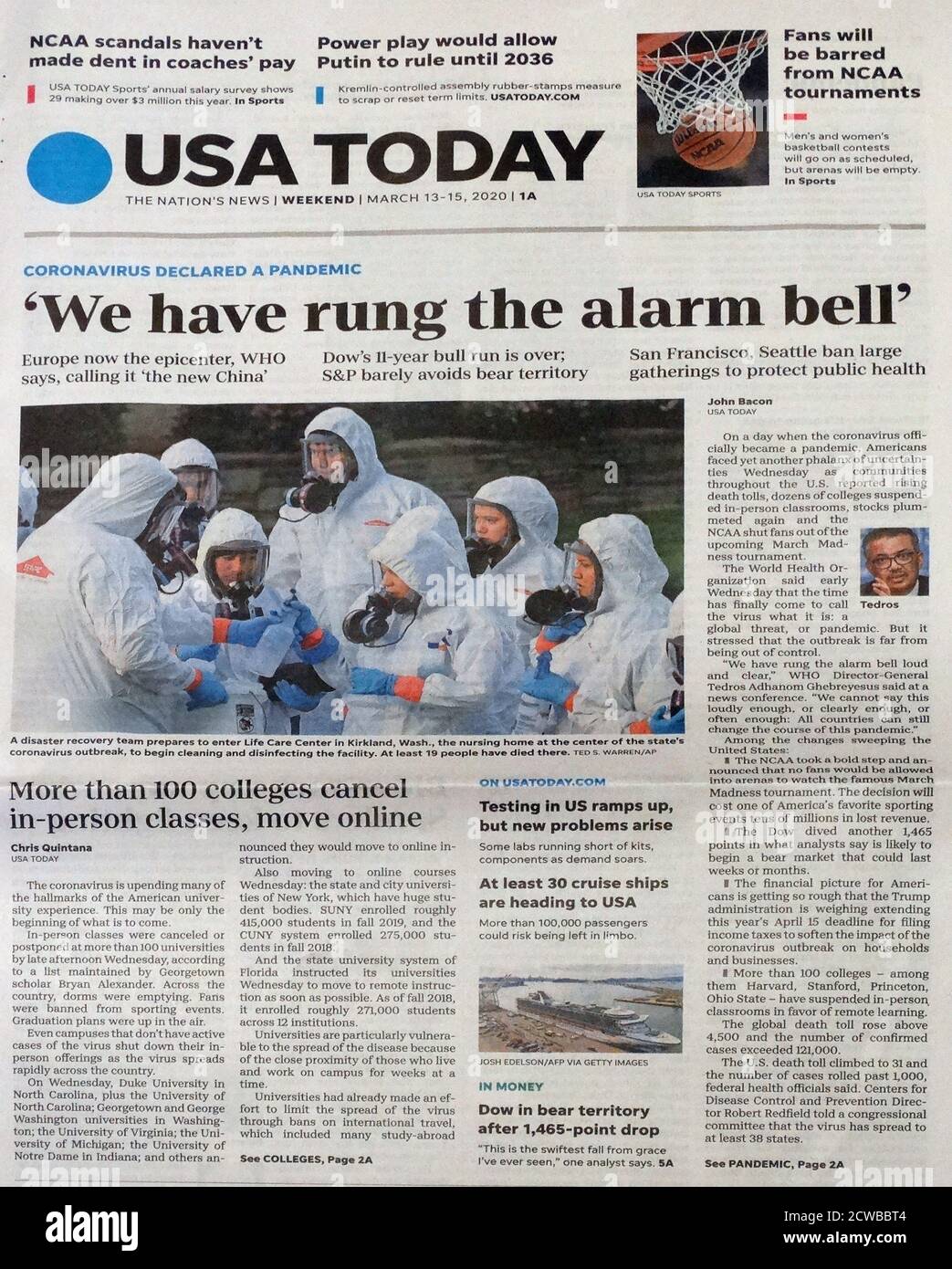 USA Today, Front page headlines Saturday 14th March; Corona Virus crisis, 2020 Stock Photo