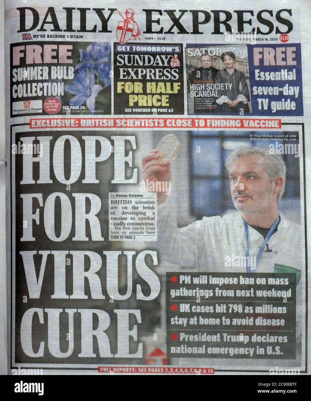 Daily Express, Front page headlines Saturday 14th March; Corona Virus crisis, 2020 Stock Photo