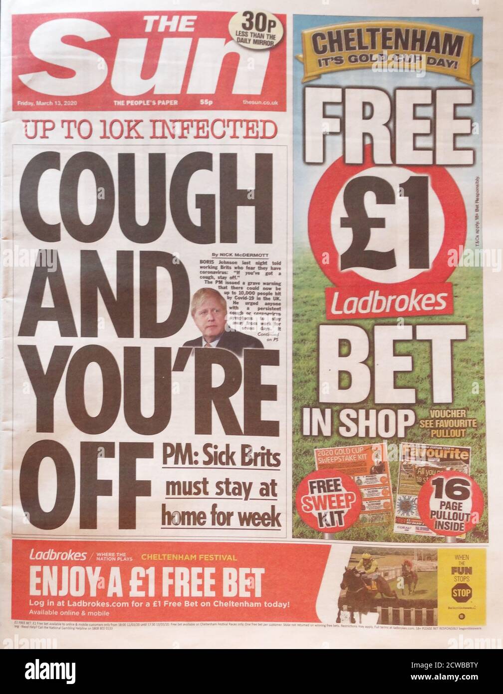 Front page of the Sun newspaper, on 13th March 2020, during the COVID-19 Pandemic Stock Photo